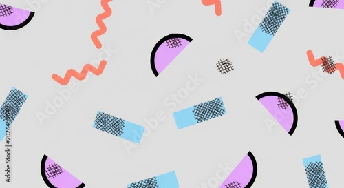 Retro Memphis Style Pattern with Geometric Shapes and Wavy Lines.