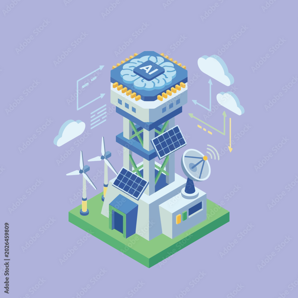 Fototapeta premium Isometric illustration of a smart building powered by AI and renewable energy, featuring solar panels, wind turbines, and cloud computing infrastructure.