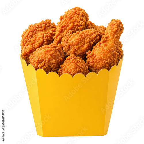 Crispy Fried Chicken Bucket: A generous portion of golden-brown, crispy fried chicken pieces, including drumsticks and other cuts, are piled high in a vibrant yellow take-out bucket.