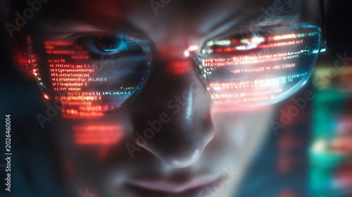 Close-up of a male with glasses reflecting colorful code, showcasing a tech-savvy vibe and an intense focus on programming.
