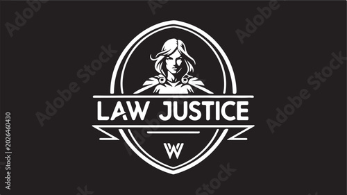 Canvastavla A professional, white-on-black aesthetic inverted-color emblem featuring a stylized, stoic depiction of Lady Justice enclosed within an oval shield or badge frame