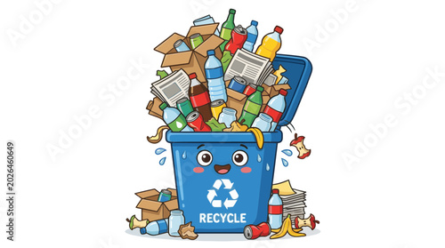 Happy blue recycling bin overflowing with assorted recyclable waste items