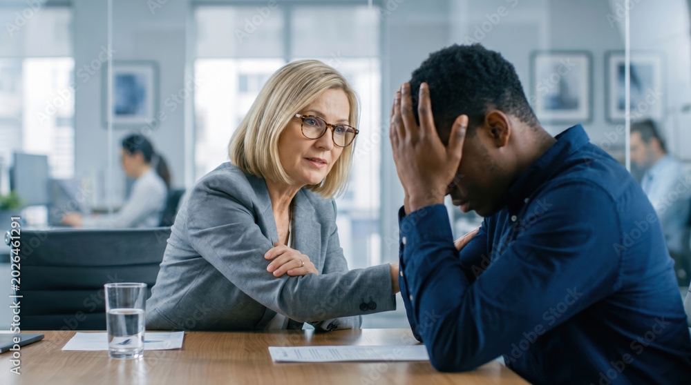 Fototapeta premium A blonde woman in a grey blazer comforts a stressed man holding his head at a conference table in a modern office while colleagues work in the blurred background