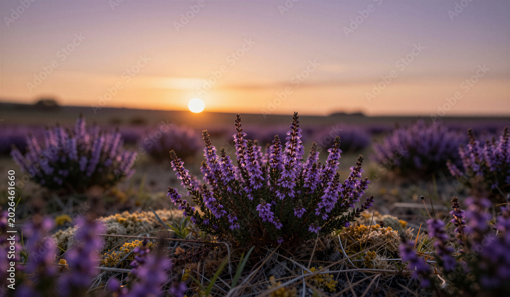 Fototapeta premium Purple heather blooms softly in golden sunset light. Meadow glows with warm hues of dusk and earthy tones. Sun dips low, casting gentle glow over distant horizon
