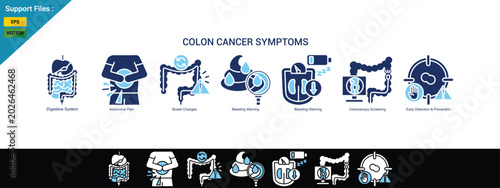 Colon Cancer Symptoms Concept with Digestive Health, Early Detection and Oncology Medical Illustration. two color icon set. Black Background With White.