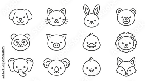 Photography Collection of Cute Animal Faces Hand Drawn Style.