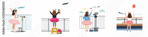 Foto Set of four illustrations showing young girls in tutus watching and waving at airplanes from an airport observation deck or balcony