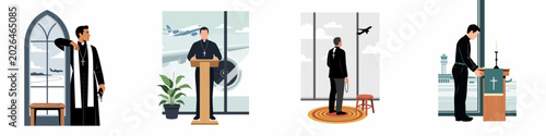 Canvastavla Set of illustrations featuring a Catholic priest serving as an airport chaplain, providing spiritual care and conducting services in various airport settings