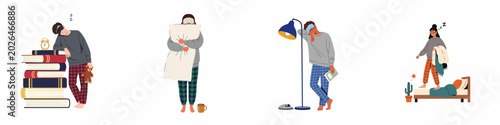 Foto Set of illustrations depicting exhausted and sleepy people in pajamas, dealing with insomnia, late-night studying, and sleepwalking on white background