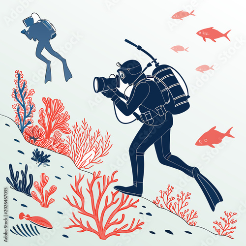 Canvastavla Underwater photography with scuba divers exploring a coral reef among colorful