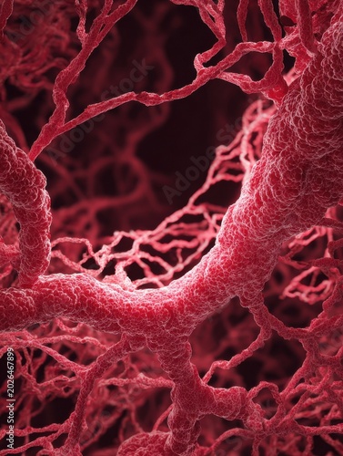 Cancer tumor illustrating angiogenesis with blood vessel growth in dark red hues