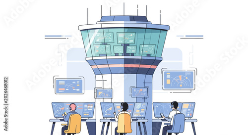 Air Traffic Control Tower Operations Center with Controllers Working.