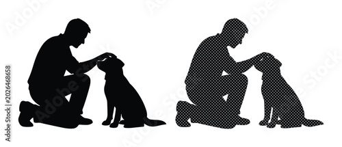 Fotografía Black silhouette of man petting dog, male owner kneeling with loyal pet labrador