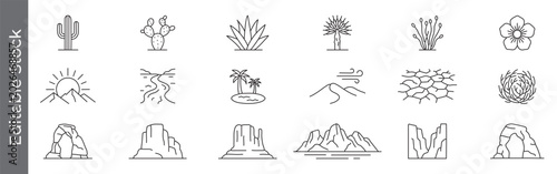 Schilderij op canvas Desert and canyon nature icon set – editable outline symbols of cactus, rock for