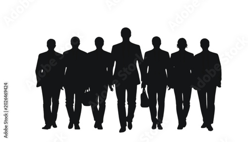Businessmen and businesswomen silhouettes stand together in a unified group formation, representing corporate teamwork, professional collaboration, leadership, and collective success in a modern.