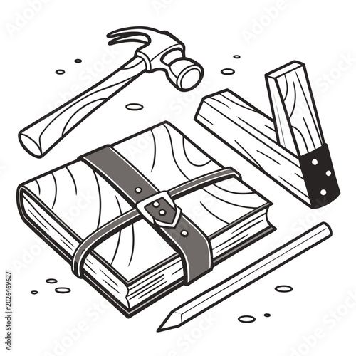 Canvastavla Bookbinding tools and materials hammer pencil jig with black and white, handmade