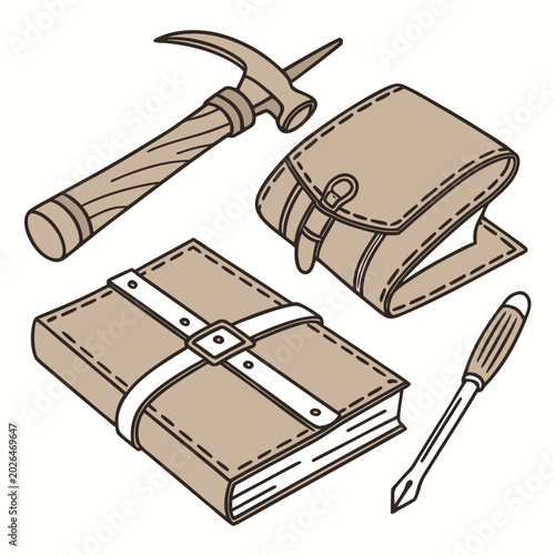 Tableau sur toile Bookbinding and leatherworking tools with a notebook and satchel, bookbinding
