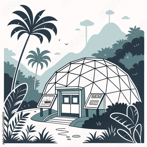 Photos Geodesic dome biodome in a tropical forest environment with palm trees, tropical