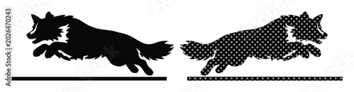 Photography Border Collie jumping silhouette vector set, black sheepdog leaping in mid-air,