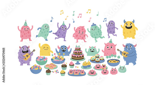 Cute Monsters Celebrating with Delicious Desserts and Music.