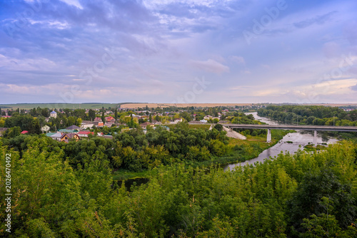 View of the Sosna River in Livny town at sunset, Oryol region of Russia