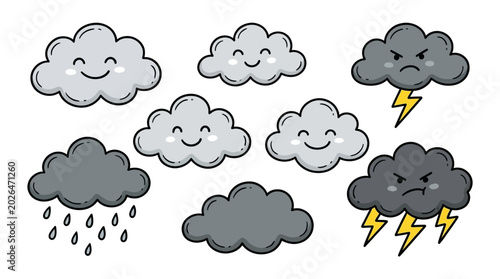 Foto Collection of diverse cartoon clouds showing various weather phenomena and emoti
