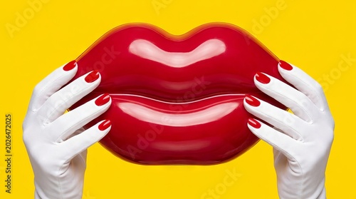 Two hands in white gloves holding large red glossy lips on yellow background.