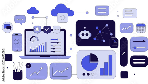 Collection of various business analytics and data visualization icons and graphs on devices.