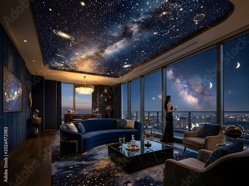 Luxury Hotel Restaurant Interior at Night with Elegant Furniture, Sofa, Dining Tables, Chairs, Television Screen, Warm Lighting and Sophisticated Architectural Design