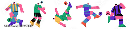 Konstfotografi Retro flat vector illustration of soccer football players in dynamic action poses