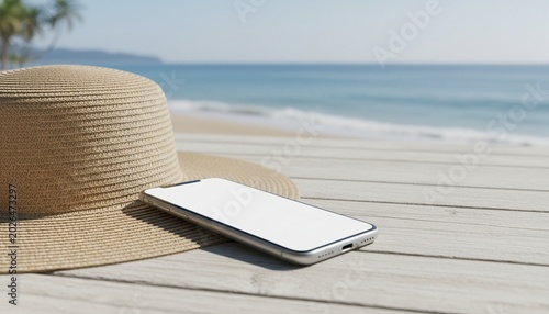 Close up of phone and hat on wooden beach terrace background with mockup tech display