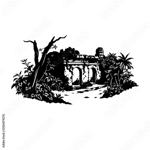 Quadro su tela Ancient stone ruin silhouette hidden inside dense jungle foliage with archways and trees, evoking a sense of mystery and history in a tropical environment