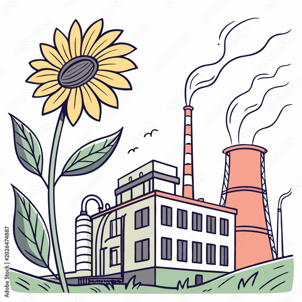 Obraz premium Large sunflower in front of a factory with smoking chimney, manufacturing plant