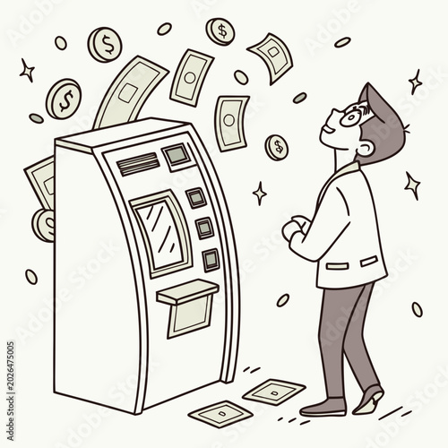 Foto Surprised man watching money explode from an atm with currency, windfall