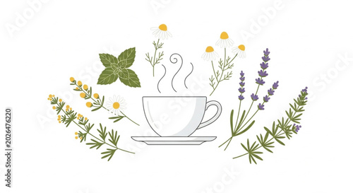 Foto Herbal Tea Cup Surrounded by Chamomile Lavender and Mint Flat Illustration