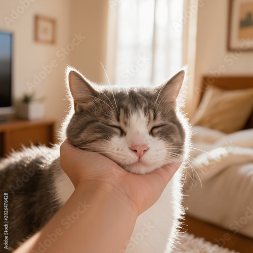 Fotografía Content gray and white tabby cat with eyes closed enjoying gentle chin scratch f