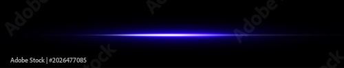 Horizontal blue neon line, light flare with glowing lens effect and laser beam on transparent background
