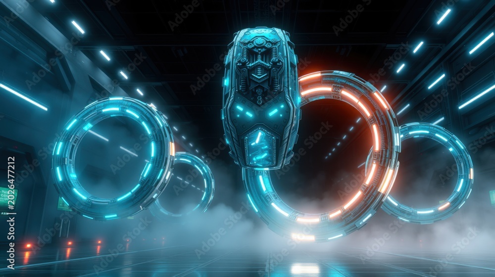 Fototapeta premium Futuristic vehicle floats within dark tunnel. Glowing rings surround central object. Intense blue, orange illumination creates dramatic effect.