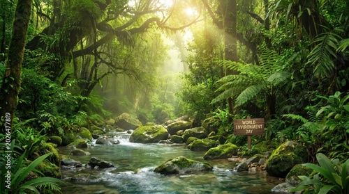 Beautiful tropical jungle river surrounded by dense green rainforest and soft sunlight representing untouched nature and environmental preservation.