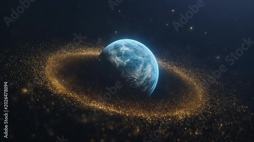 Planet Earth Surrounded by Glowing Cosmic Ring Particles in Deep Space Futuristic Astronomy Background Scene