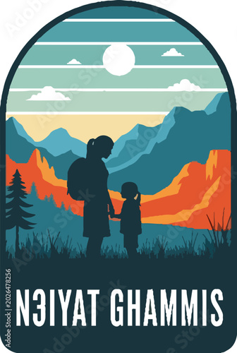 Geometric mountain landscape in pyramid frame vintage style