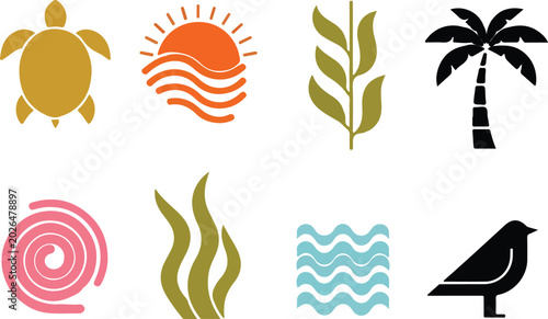 A collection of eight minimalist nature-themed icons featuring a sea turtle, sunset, leaves, palm tree, spiral, seaweed, ocean waves, and a bird.