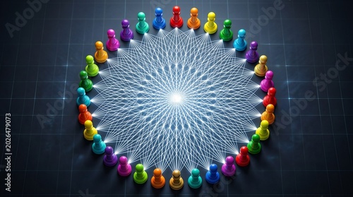 Global Network Concept with Diverse Colorful Pawns Connected by Glowing Lines