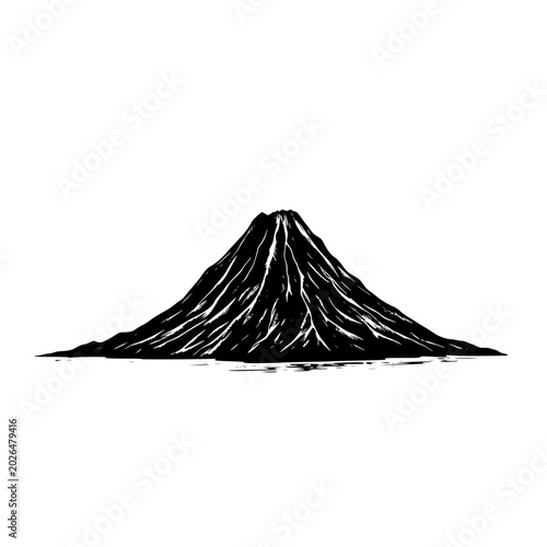 Illustration of a volcano island silhouette with a jagged shoreline and mountainous terrain in black and white.