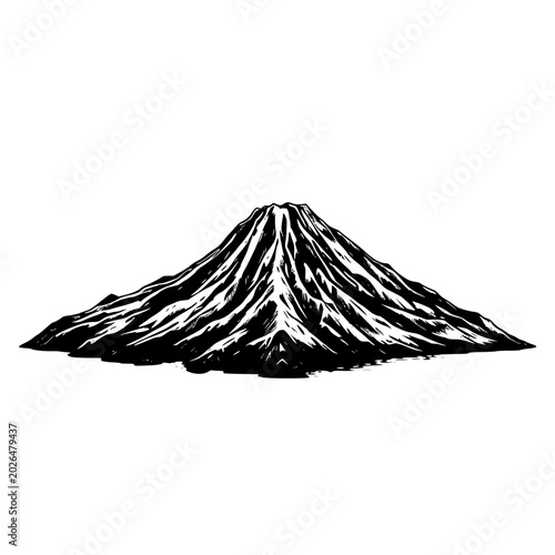 Illustration of a snow-capped volcano island silhouette with a jagged shoreline against a white background, showcasing rugged terrain and natural landscape.