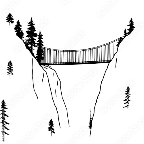 A hanging bridge silhouette crossing a deep canyon with trees on cliffs, a scenic landscape illustration.