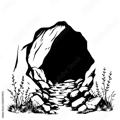 Black silhouette of a hidden cave entrance surrounded by rocks and plants in a scenic landscape illustration