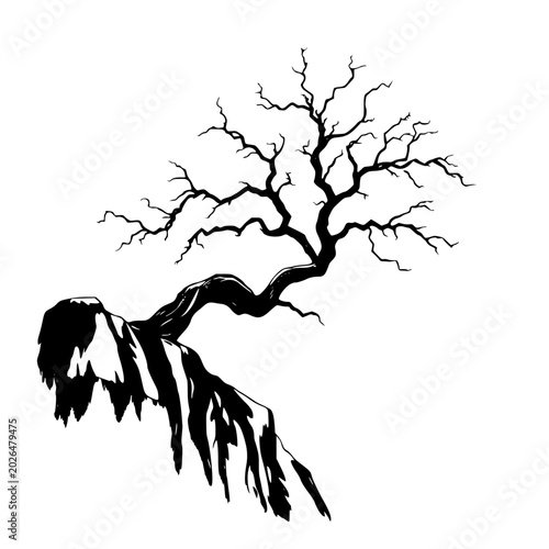 A twisted dead tree silhouette growing from a rocky cliffside, stark black against a white background, symbolizing resilience and desolation in a dramatic landscape.