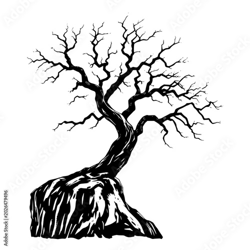 Schilderij op canvas A twisted dead tree silhouette growing from a rocky outcrop, stark black and white illustration on a plain background, evoking a sense of desolation and resilience in a barren landscape