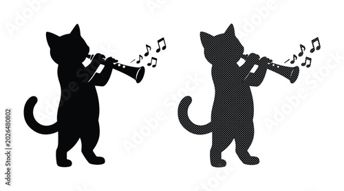 Black cat silhouette playing clarinet, musical kitten blowing woodwind instrument with notes, feline musician vector illustration set